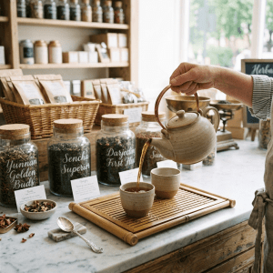 Shopkeeper and customer at tea counter with various jars of loose tea leaves and herbs