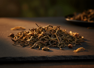 Dramatic dark editorial photograph of premium loose-leaf tea leaves scattered on a dark slate surface, moody low-key lighting, warm amber highlights, artisanal specialty tea aesthetic, cinematic depth, rich forest-green and deep brown tones