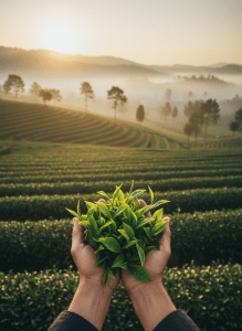 Tall vertical editorial photograph of a tea farmer's hands holding fresh green tea leaves at a misty terraced tea estate, soft natural morning light, earthy warm tones, premium specialty tea brand feel