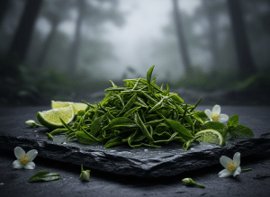Editorial product photograph of vibrant green single-estate tea leaves arranged on dark stone, seasonal fresh look, moody premium lighting