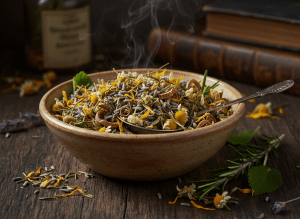 Editorial product photograph of a herbal wellness tea blend with dried flowers, herbs and roots in a rustic bowl on a dark surface, warm moody lighting