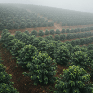 Tight editorial crop of a single-estate coffee farm hillside with rows of coffee plants in morning mist, muted natural greens and earth tones, premium documentary style