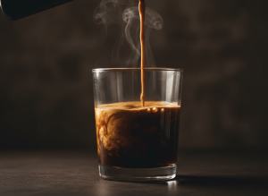 Dark, moody cinematic photograph of pouring espresso into a glass, dramatic side lighting, deep espresso-brown and near-black tones, rich crema swirl, shallow depth of field, editorial magazine quality, minimal and premium mood, steam catching light against dark background