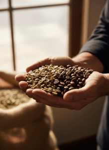 Editorial close-up of a specialty coffee roaster's hands cradling raw green and roasted coffee beans, natural window light, warm cream and espresso tones, tactile and artisanal, shallow depth of field, premium magazine photography