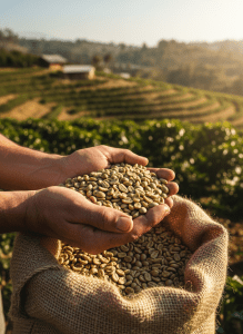 Editorial photograph of hands holding a burlap sack of raw green coffee beans at origin, warm natural light, farm setting softly blurred in background, premium specialty coffee sourcing, rich earthy tones, documentary style, no text
