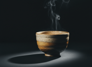Editorial dark moody still life of a single ceramic tea bowl with wisps of steam rising, set against a deep charcoal-black background, dramatic side lighting, minimal negative space, premium magazine aesthetic, warm cream and dark tones, no text