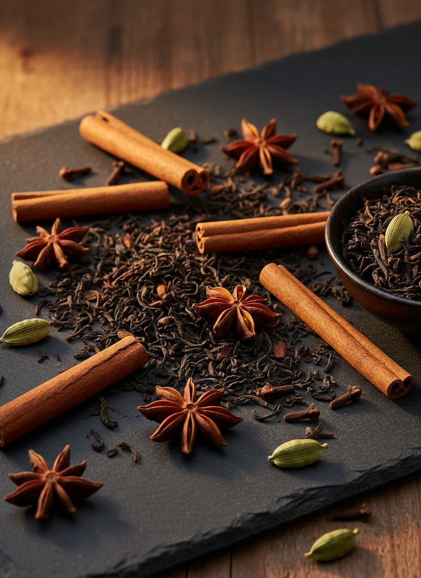 Loose leaf masala chai black tea with whole spices — cinnamon, star anise, cardamom, cloves