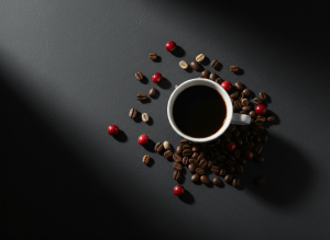 Ultra premium editorial coffee photography, dramatic dark moody lighting, a single elegant cup of black coffee and scattered raw coffee cherries and beans on a matte charcoal surface, deep shadows, high contrast, minimalist luxury magazine aesthetic, cinematic, shot from above at slight angle, negative space