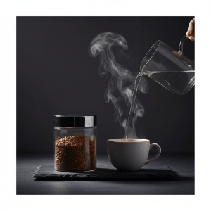 Minimalist dark editorial photo of freeze-dried instant coffee crystals in an elegant glass jar with hot water being poured into a cup, steam rising, moody low-key lighting on dark background, premium luxury feel