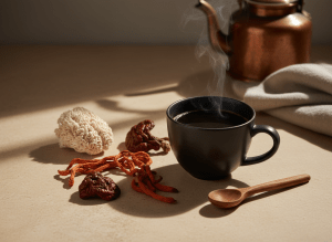 Moody still life of a cup of dark coffee beside dried medicinal mushrooms lion's mane cordyceps and reishi on a warm cream stone surface, soft natural light, earthy tones, refined wellness specialty coffee photography