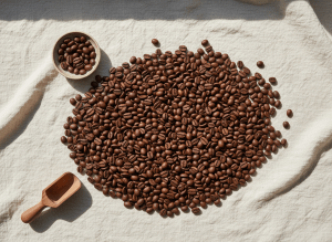 Overhead flat lay of single-origin coffee beans arranged on a warm cream linen backdrop, minimalist luxury editorial styling, soft natural light, refined and origin-forward