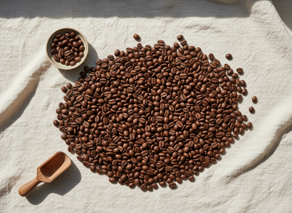 Overhead flat lay of single-origin coffee beans on cream linen