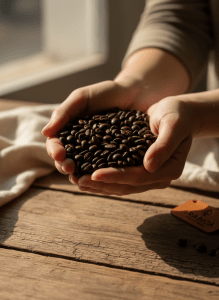Editorial photograph of hands cradling roasted coffee beans over a rustic surface, warm natural side light, cream and espresso tones, intimate and honest, shallow depth of field, premium specialty coffee brand photography