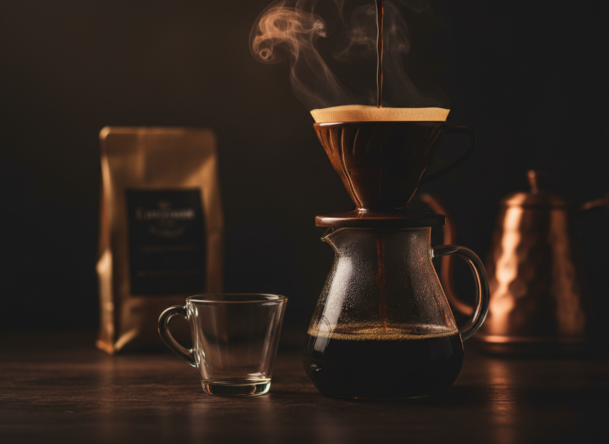 Cinematic ultra-premium close-up of a single pour-over coffee dripping into a glass carafe