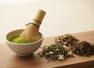 Elegant still life of vibrant green matcha powder and a bamboo whisk beside loose jasmine and hojicha tea leaves, warm cream background, soft diffused light, artisanal premium tea editorial photography