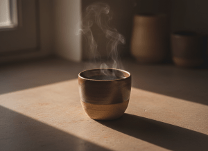 Moody, editorial close-up of a single ceramic coffee cup on a warm concrete surface, soft directional window light, steam rising, minimal negative space, muted earthy tones of tan and deep brown, high-end lifestyle magazine photography, shallow depth of field