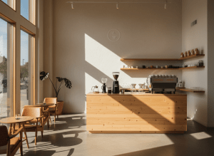 Quiet interior of a minimal artisan coffee shop, wooden counter, morning light through windows, empty warm inviting space, sophisticated lifestyle photography