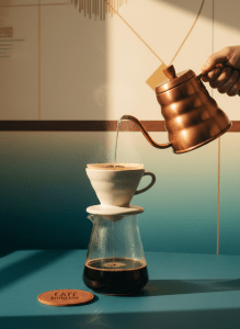 Editorial mid-century modern photograph of a pour-over coffee setup, a gooseneck kettle pouring into a glass carafe over a ceramic dripper, warm amber lighting, deep teal and cream color palette in background, retro 1960s styling, film grain, tall vertical composition, premium specialty coffee aesthetic