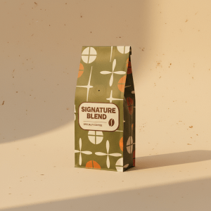 Mid-century modern product photo of a specialty coffee bag labeled Signature Blend on a warm cream backdrop with soft amber lighting, minimalist premium packaging, retro styling, square composition
