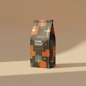 Mid-century modern product photo of a specialty coffee bag labeled Dark Roast on a warm cream backdrop with soft amber lighting, minimalist premium packaging in deep tones, retro styling, square composition