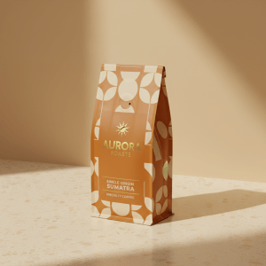 Premium single origin coffee bag product photo, minimal editorial packaging in warm amber and cream, single coffee bag standing upright on a clean warm background, soft directional lighting, luxury specialty coffee, mid-century modern