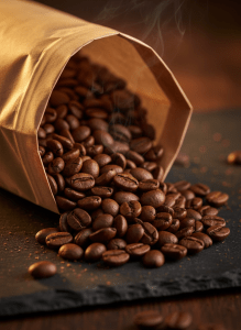 Close-up macro of freshly roasted specialty coffee beans spilling from a matte kraft bag onto a dark slate surface, warm gold rim lighting, rich espresso tones, editorial premium product photography. No text.