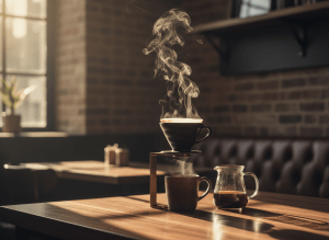 Editorial luxury specialty coffee photograph. A single pour-over dripper on a dark walnut counter, warm golden morning light raking across steam rising from the cup. Deep espresso-brown and near-black tones with soft cream and gold highlights. Moody, cinematic, shallow depth of field, high-end cafe ambiance. No text, no people.