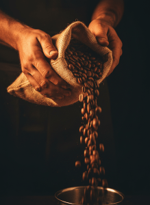 Hands cradling a bag of freshly roasted coffee beans being poured, warm dramatic lighting against dark background, artisan craft coffee aesthetic, deep espresso tones with amber glow.