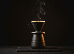 Moody, cinematic close-up of a dark ceramic pour-over coffee setup on a deep charcoal surface, steam rising, warm amber rim light, premium editorial product photography, very dark espresso-toned background with deep shadows, luxurious and minimal