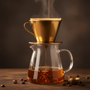 Golden filter coffee dripping into a glass carafe, warm amber tones, dark moody background, premium product photography