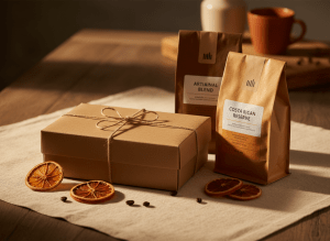 Premium coffee gift set styled on a warm off-white surface: a kraft gift box tied with twine, coffee bags, and dried orange slices, soft warm lighting, editorial lifestyle photography, cozy and giftable mood, amber tones.