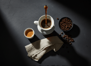 Premium editorial coffee flat lay. Top-down view on a dark espresso-toned slate surface. A single white ceramic pour-over dripper mid-brew, a small matte black bowl of dark roasted whole beans scattered naturally, a sleek white espresso cup with rich crema, a folded cream linen napkin. Dramatic side lighting casting deep shadows. Dark, moody, magazine editorial quality. Deep brown, black, cream, amber tones. No text, no people, no logos. Shot like a Kinfolk or Monocle magazine spread.