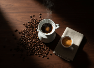 Premium editorial coffee flat lay. Top-down overhead shot on a rich dark espresso walnut wood surface. A white ceramic pour-over dripper mid-brew, freshly roasted whole coffee beans scattered naturally around it, a sleek white espresso cup with rich golden crema, soft cream linen napkin folded neatly beside it. Dramatic moody side lighting from the left, deep natural shadows. Deep espresso brown, black, warm amber, and cream tones. No text, no people, no logos, no watermarks. Shot like a Kinfolk or Monocle magazine spread. Ultra high resolution, cinematic depth.