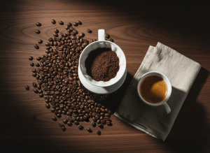 Premium editorial coffee flat lay. Top-down overhead shot on a rich dark espresso walnut wood surface. A white ceramic pour-over dripper mid-brew, freshly roasted whole coffee beans scattered naturally around it, a sleek white espresso cup with rich golden crema, soft cream linen napkin folded neatly beside it. Dramatic moody side lighting from the left, deep natural shadows. Deep espresso brown, black, warm amber, and cream tones. No text, no people, no logos, no watermarks. Shot like a Kinfolk or Monocle magazine spread. Ultra high resolution, cinematic depth.