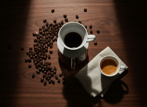 Premium editorial coffee flat lay. Top-down overhead shot on a rich dark espresso walnut wood surface. A white ceramic pour-over dripper mid-brew, freshly roasted whole coffee beans scattered naturally around it, a sleek white espresso cup with rich golden crema, soft cream linen napkin folded neatly beside it. Dramatic moody side lighting from the left, deep natural shadows. Deep espresso brown, black, warm amber, and cream tones. No text, no people, no logos. Shot like a Kinfolk or Monocle magazine spread. Ultra high resolution, cinematic depth.