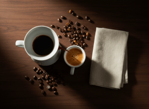 Premium editorial coffee flat lay. Wide landscape shot. Top-down overhead view on a rich dark espresso walnut wood surface. A white ceramic pour-over dripper mid-brew, freshly roasted whole coffee beans scattered naturally around it, a sleek white espresso cup with rich golden crema, soft cream linen napkin folded neatly beside it. Dramatic moody side lighting from the left, deep natural shadows. Deep espresso brown, black, warm amber, and cream tones. No text, no people, no logos, no watermarks. Shot like a Kinfolk or Monocle magazine spread. Ultra high resolution, cinematic depth of field.