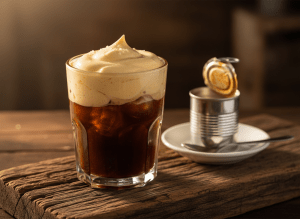 Premium editorial photograph of Vietnamese iced coffee (cà phê trứng / egg coffee) in a thick glass, rich dark coffee beneath a layer of creamy whipped egg custard foam, served on aged wood with condensed milk can beside it. Warm golden hour light, shallow depth of field, cinematic food photography style. Ultra-sharp, luxurious.