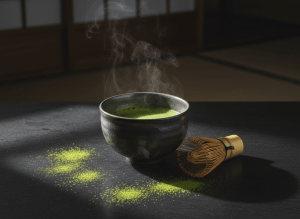 Cinematic premium editorial of a Japanese matcha tea ceremony: a ceramic chawan bowl filled with vibrant electric-green matcha, a bamboo chasen whisk resting beside it, scattered matcha powder on a dark stone surface, soft wisps of steam. Minimalist zen aesthetic, dramatic side lighting, luxury lifestyle magazine quality. Ultra photorealistic.