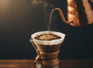Premium editorial close-up of a specialty pour-over coffee being brewed: a thin, precise stream of hot water from a gooseneck kettle over a Chemex filter filled with freshly ground single-origin Ethiopian coffee, the bloom expanding in slow motion. Moody dark background, warm amber and brown tones, vapor rising. Award-winning food photography quality.