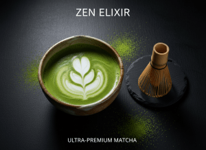 Ultra-premium editorial photo of a ceremonial grade matcha latte in a handcrafted ceramic bowl, vibrant electric green, delicate milk foam swirl on top, Japanese minimalist aesthetic, dark matte black background, soft dramatic side lighting, fine matcha powder dusted around, zen bamboo whisk beside it. Magazine cover quality, hyper-realistic.
