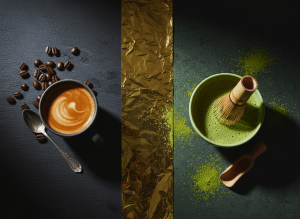 Cinematic editorial flat lay photograph, ultra high resolution. A split composition: on the left, a perfectly pulled espresso shot in a ceramic cup with rich crema, surrounded by whole coffee beans on dark slate. On the right, a vibrant bowl of ceremonial matcha with a bamboo whisk, green powder artfully scattered. Center dividing line is a dramatic gold foil stripe. Moody studio lighting, dramatic shadows, coffee shop editorial magazine style, Vogue-level product photography.