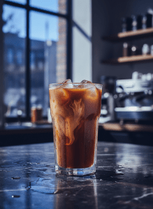 Editorial magazine-quality photograph of a tall glass of cold brew coffee, condensation dripping down the glass, floating ice cubes, rich dark amber liquid with a subtle milk swirl. Shot on a wet marble countertop with moody blue-hour backlighting. A coffee shop aesthetic, cinematic depth of field, premium food photography, National Geographic meets Bon Appétit.