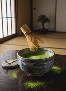 Stunning editorial photograph of a Japanese tea ceremony moment. A ceramic chawan bowl filled with vibrant electric-green matcha, a chasen bamboo whisk mid-motion creating a perfect froth, fine green powder dusted on a dark wooden surface. Natural window light, zen minimalist composition, ultra sharp focus, luxury lifestyle magazine quality.