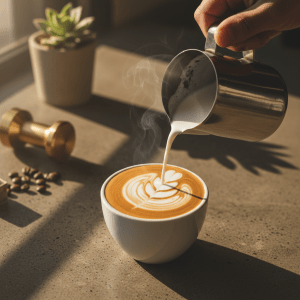 Stunning overhead editorial photograph of a barista pouring oat milk into a cortado, creating an intricate rosette latte art pattern. Rich espresso brown base, creamy white pour, steam rising gently. Shot on a raw concrete cafe counter with natural morning light streaming in. Hyper-realistic, premium food magazine quality, shallow depth of field, warm tones.