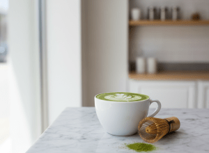 Editorial food photography of a vibrant ceremonial-grade matcha latte in a minimalist white ceramic cup, with perfect latte art swirls in vivid green and white. A small bamboo matcha whisk and scattered matcha powder on a light marble surface. Clean, bright, airy aesthetic with soft natural light. Modern café style.