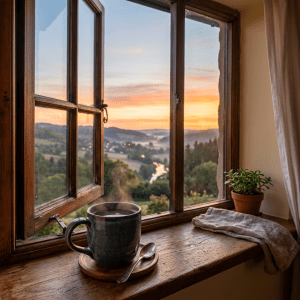 Coffee cup on a wooden windowsill overlooking a sunset countryside