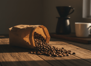 A cinematic, editorially styled photograph of freshly roasted artisanal coffee beans spilling from a kraft paper bag onto a rustic wooden surface. Warm, golden morning light rakes across the scene. A ceramic pour-over dripper sits softly blurred in the background. Rich dark tones, moody and premium feel — New Yorker magazine aesthetic. No text overlays.