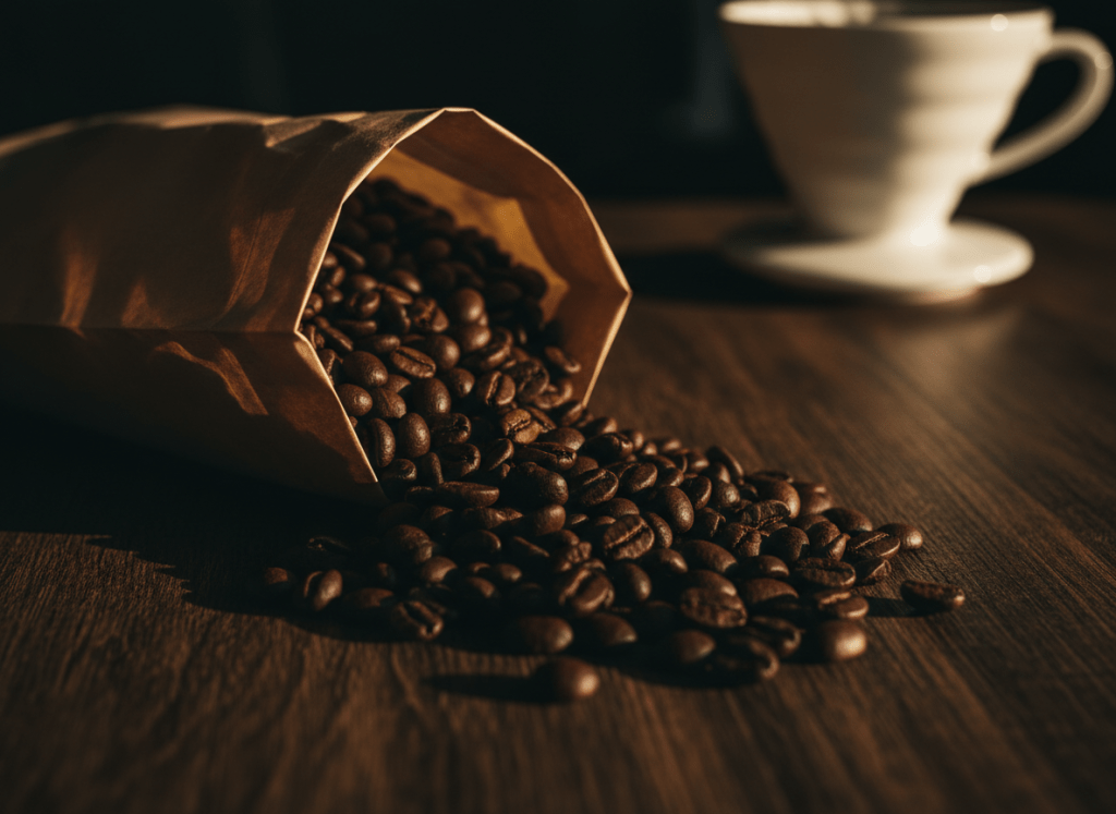 A cinematic, moody close-up of freshly roasted artisanal coffee beans spilling from a kraft paper bag onto a dark wooden surface, with a ceramic pour-over dripper softly blurred in the background. Warm golden hour light from the side. Rich browns, deep shadows, editorial food photography style.